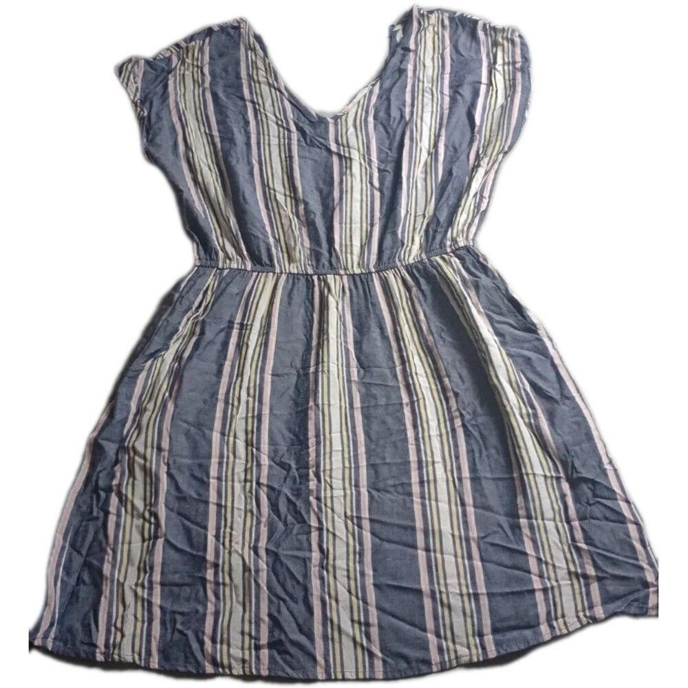 Pink Rose Stripe Casual Sunday Dress With 2 Side Pockets Sz M Gray White Preppy